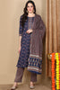 Navy Blue Pure Cotton Floral Printed Flared Suit Set VKSKD2107