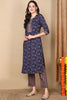 Navy Blue Pure Cotton Floral Printed Flared Suit Set VKSKD2107