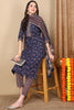 Navy Blue Pure Cotton Floral Printed Flared Suit Set VKSKD2107