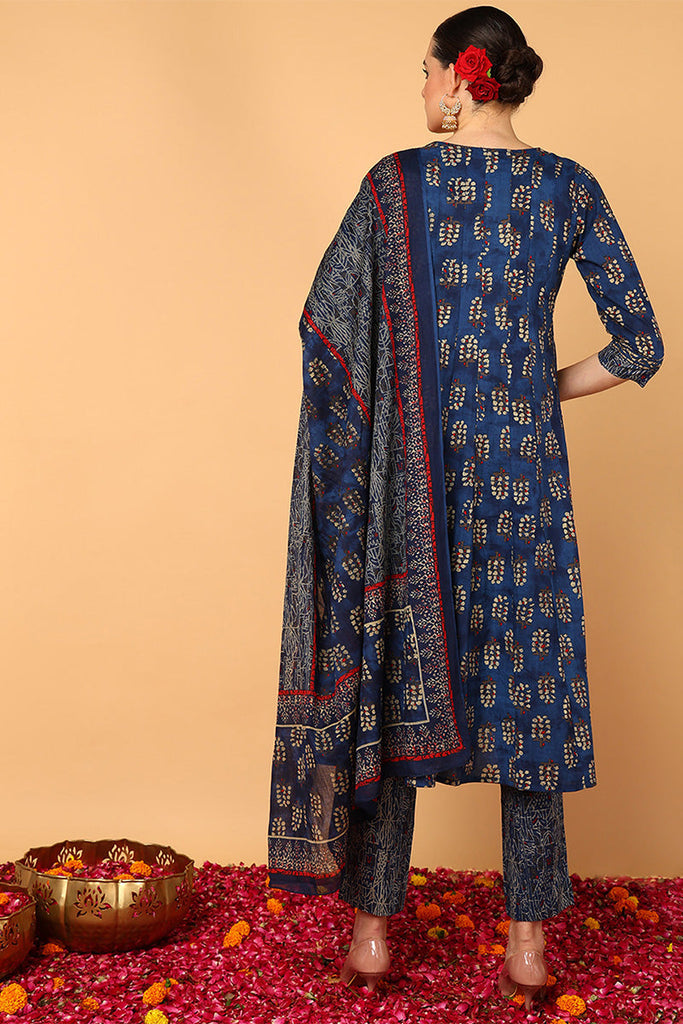 Blue Pure Cotton Ethnic Motifs Printed Flared Suit Set VKSKD2114