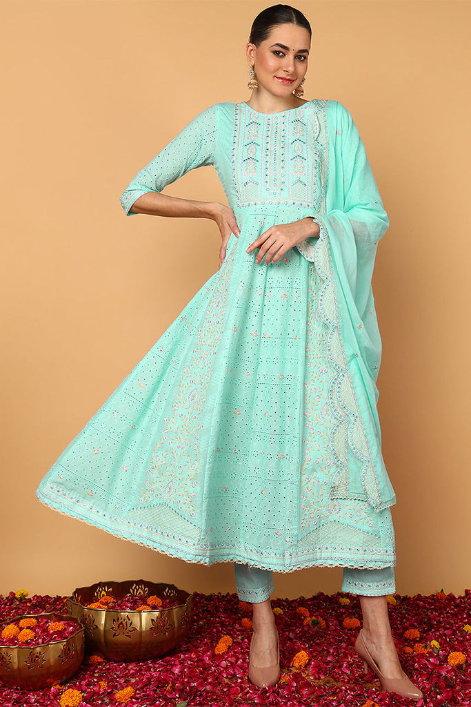 Blue Pure Cotton Solid Embroidered Flared Suit Set VKSKD2117