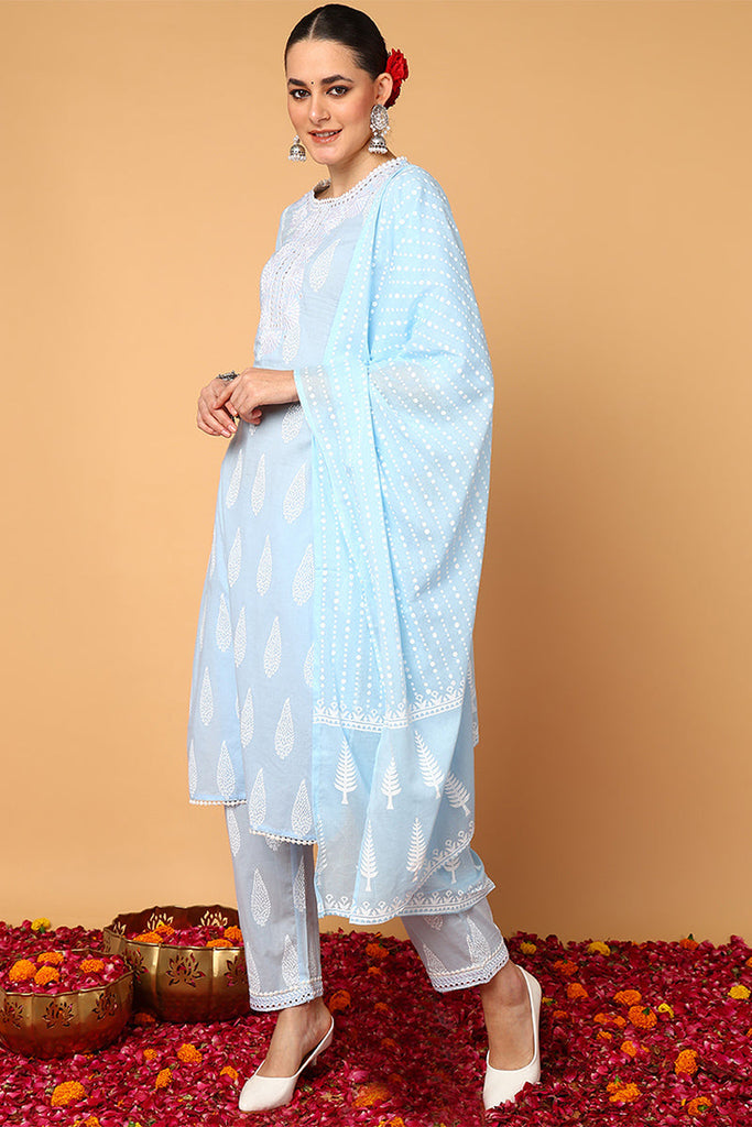 Blue Pure Cotton Ethnic Motifs Printed Straight Style Suit Set VKSKD2121