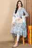 White Pure Cotton Floral Printed Flared Style Suit Set VKSKD2123