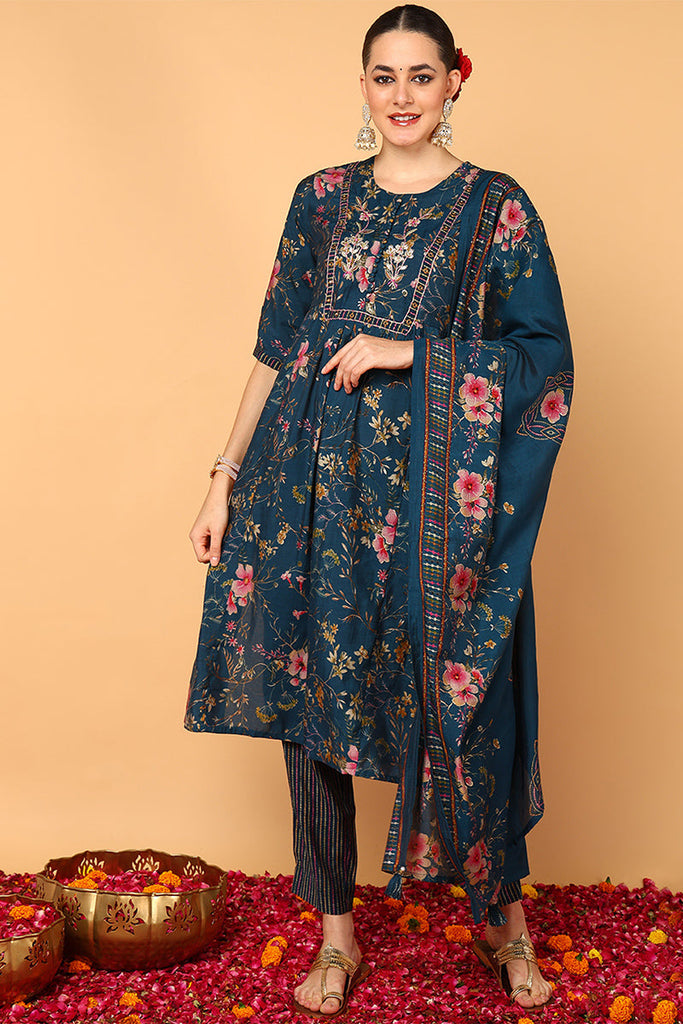 Blue Poly Chanderi Floral Printed Flared Suit Set VKSKD2124