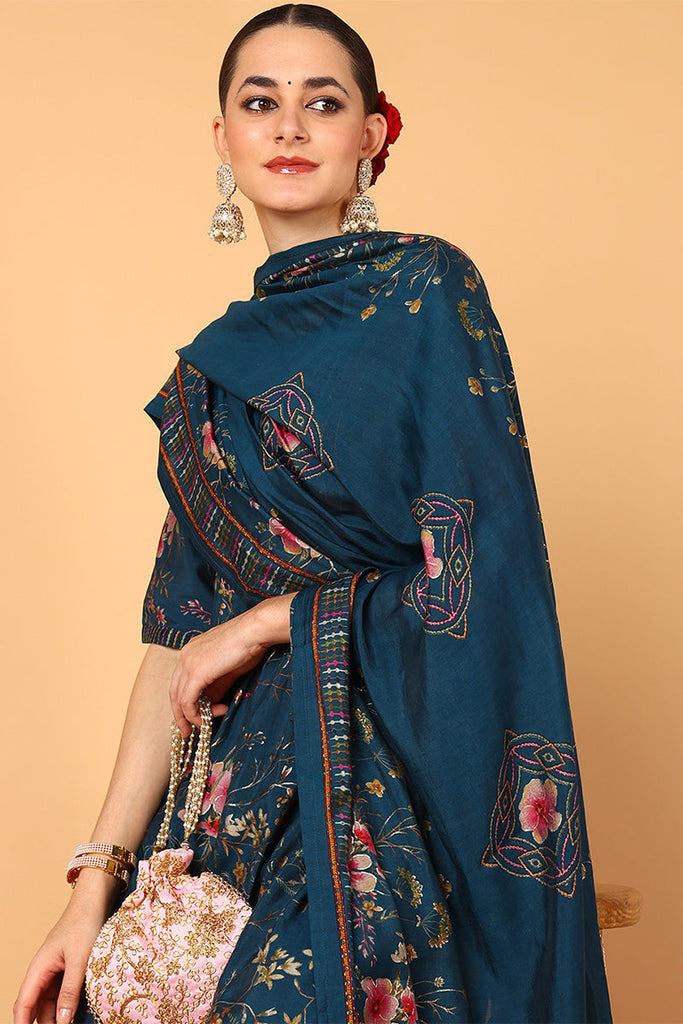 Blue Poly Chanderi Floral Printed Flared Suit Set VKSKD2124