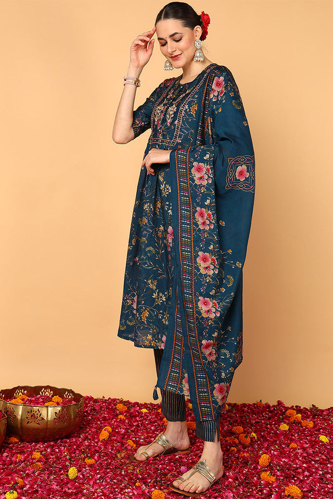 Blue Poly Chanderi Floral Printed Flared Suit Set VKSKD2124