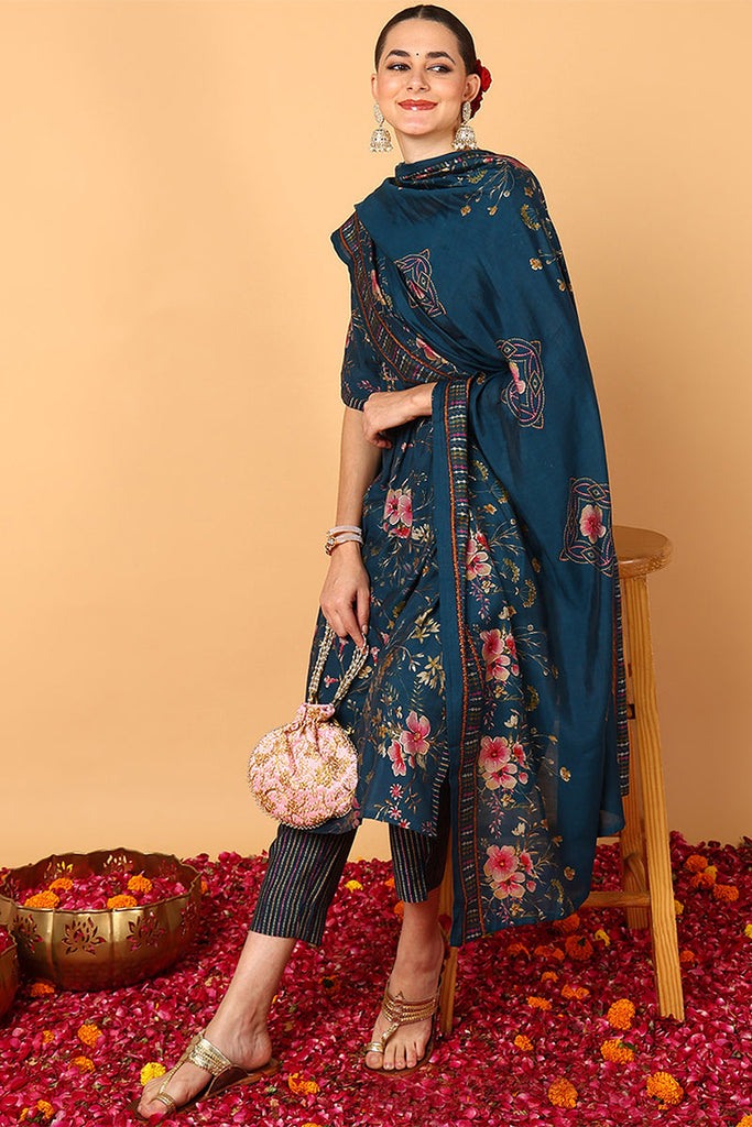 Blue Poly Chanderi Floral Printed Flared Suit Set VKSKD2124