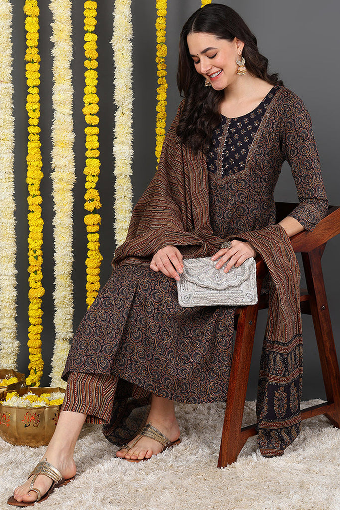 Violet Rayon Blend Ethnic Motifs Printed A-Line Suit Set VKSKD2131