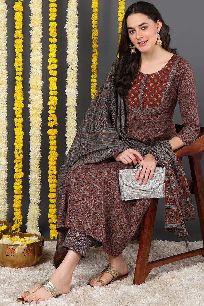 Maroon Rayon Blend Ethnic Motifs Printed A-Line Suit Set VKSKD2132