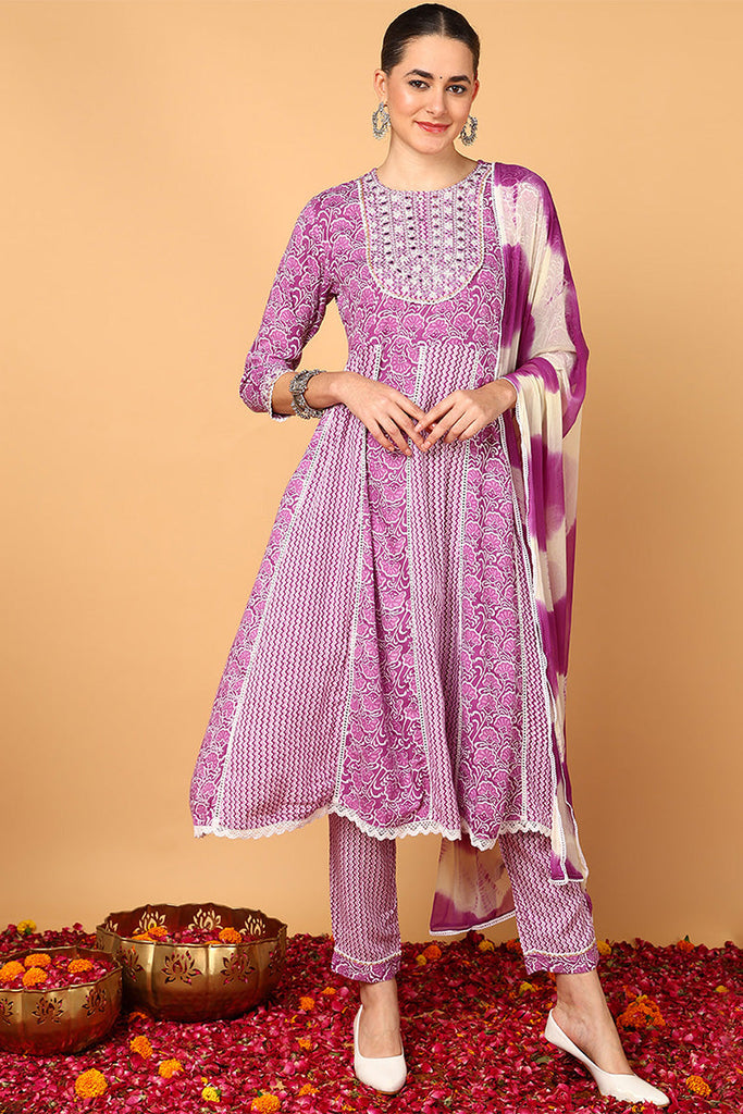 Purple Viscose Rayon Yoke Design Flared Suit Set VKSKD2135