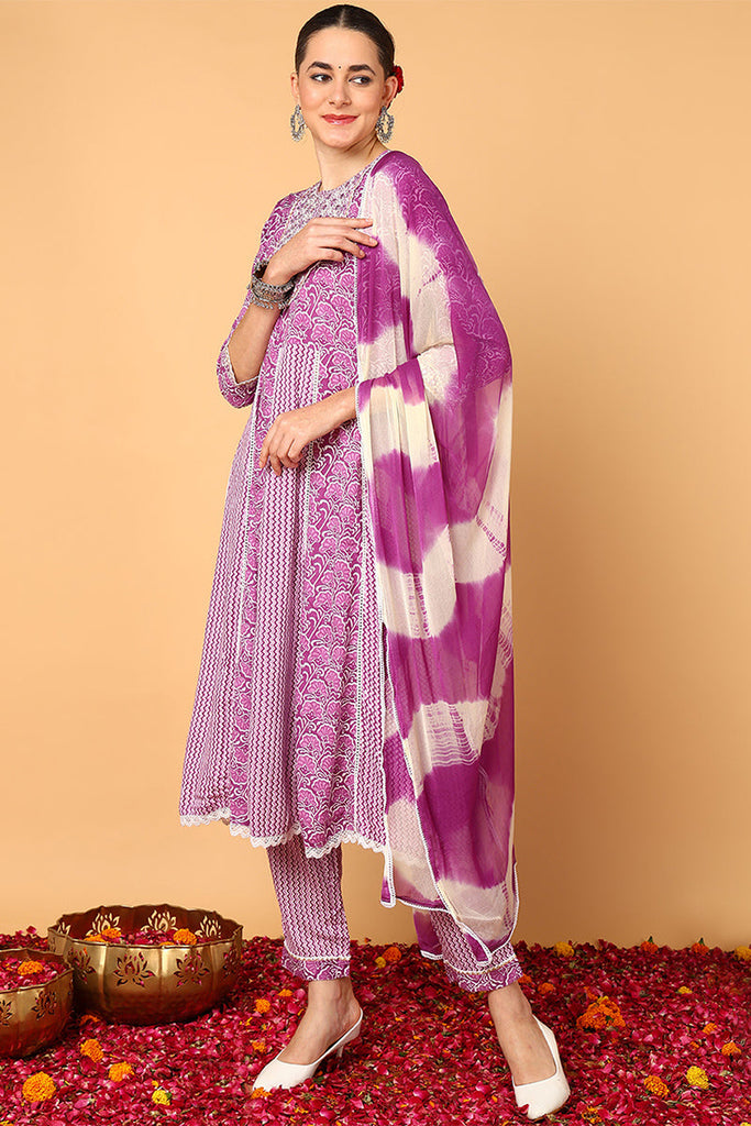 Purple Viscose Rayon Yoke Design Flared Suit Set VKSKD2135