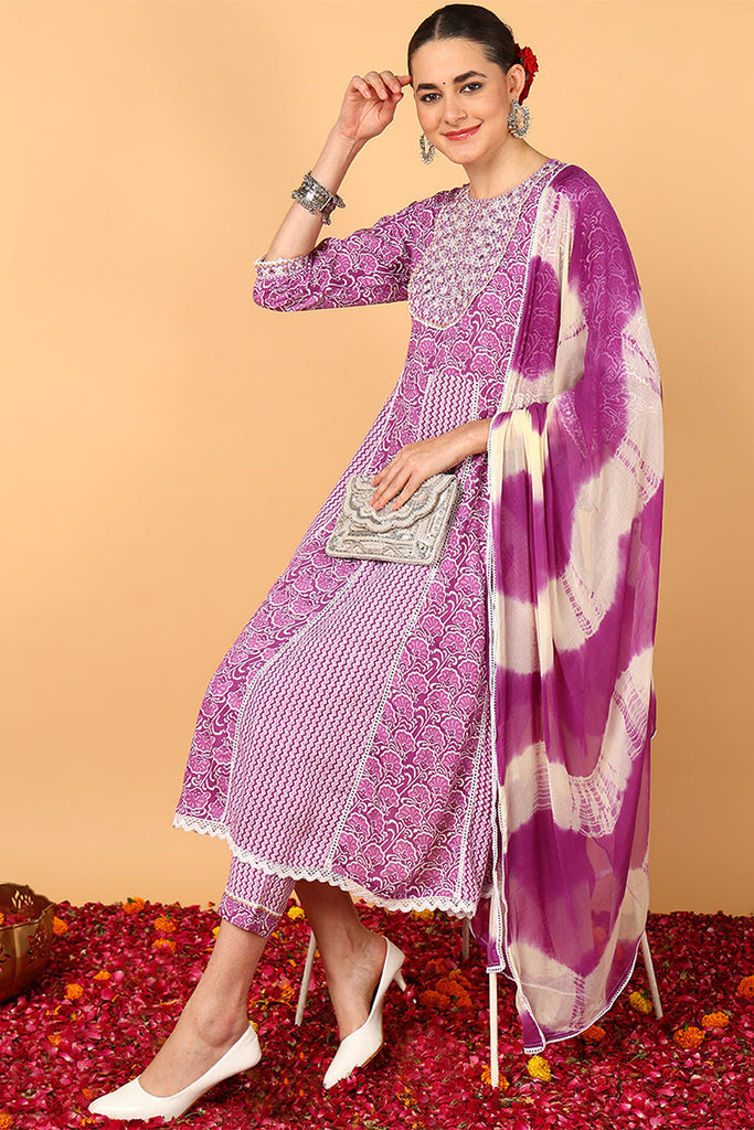 Purple Viscose Rayon Yoke Design Flared Suit Set VKSKD2135