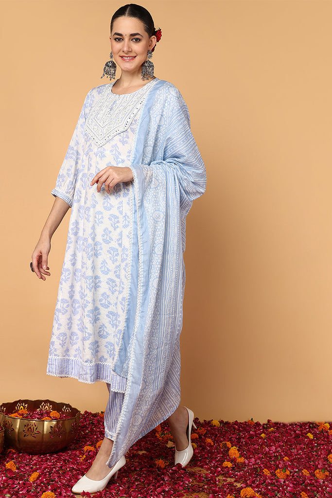 Blue Viscose Rayon Ethnic Motifs Printed Flared Suit Set VKSKD2137