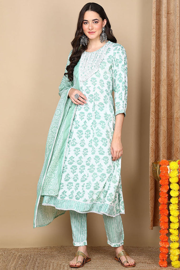 Green Viscose Rayon Ethnic Motifs Printed Flared Kurta Trouser With Dupatta VKSKD2138