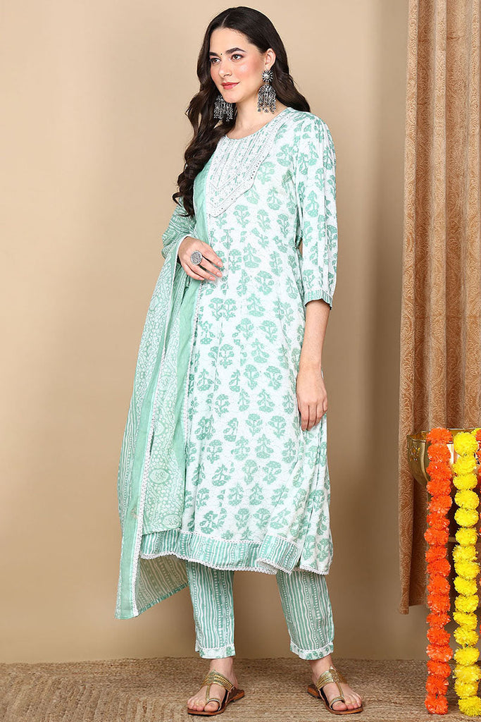 Green Viscose Rayon Ethnic Motifs Printed Flared Kurta Trouser With Dupatta VKSKD2138