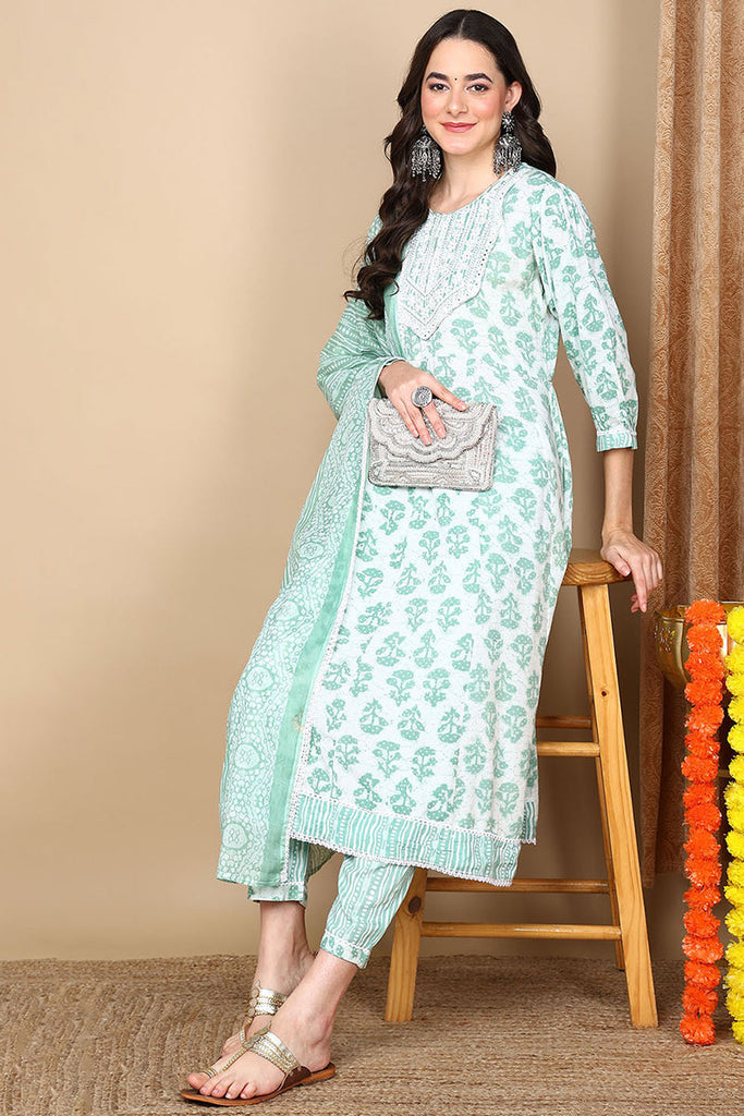 Green Viscose Rayon Ethnic Motifs Printed Flared Kurta Trouser With Dupatta VKSKD2138