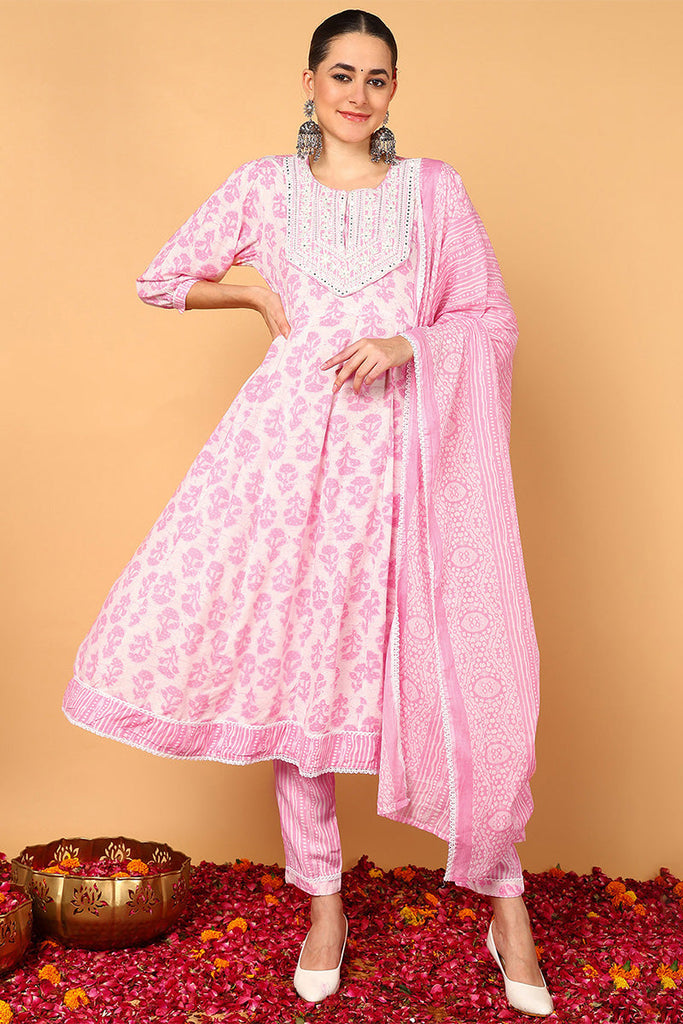 Pink Viscose Rayon Ethnic Motifs Printed Flared Suit Set VKSKD2139