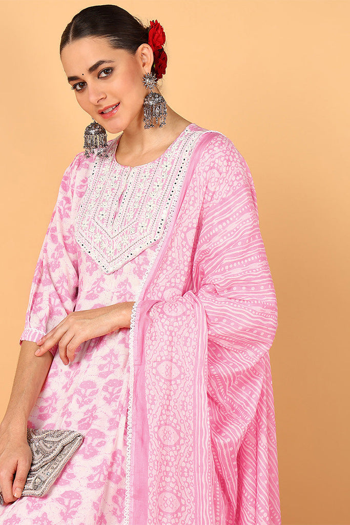 Pink Viscose Rayon Ethnic Motifs Printed Flared Suit Set VKSKD2139