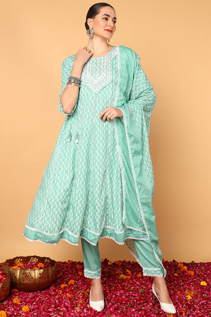 Sea Green Viscose Rayon Ethnic Motifs Printed Flared Suit Set VKSKD2140