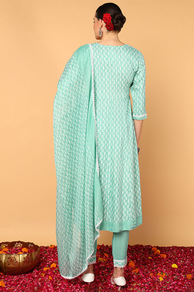 Sea Green Viscose Rayon Ethnic Motifs Printed Flared Suit Set VKSKD2140