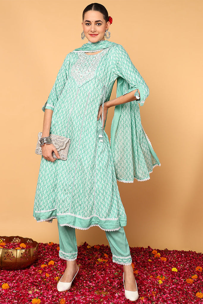 Sea Green Viscose Rayon Ethnic Motifs Printed Flared Suit Set VKSKD2140