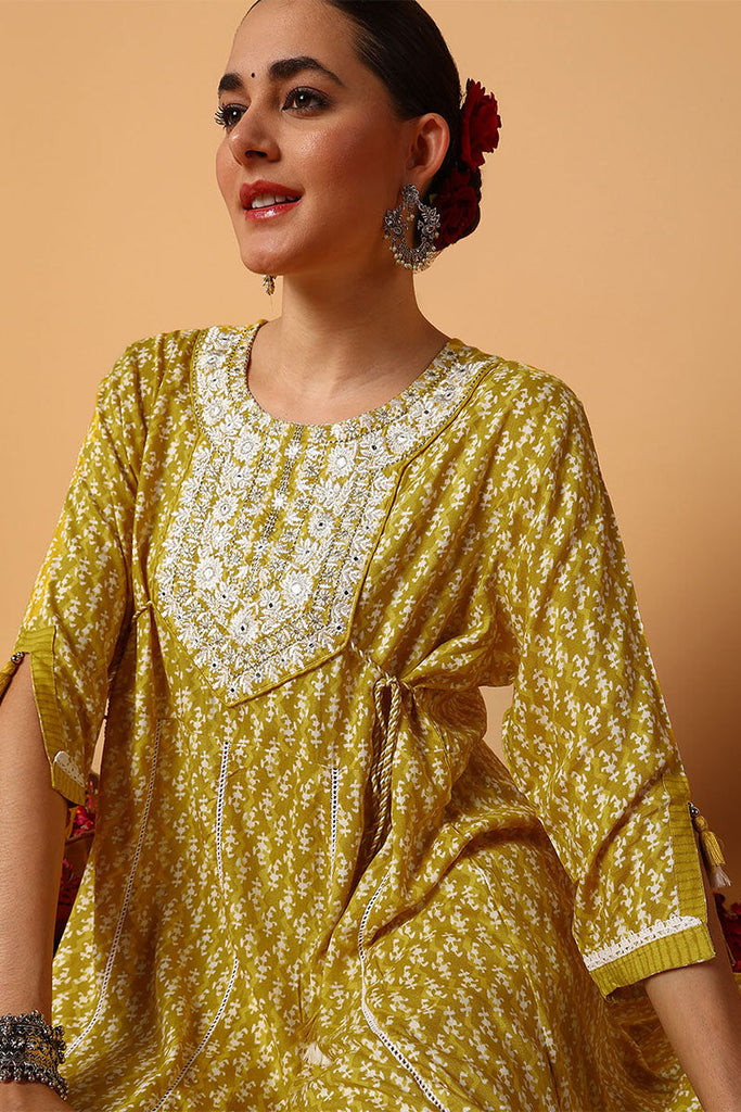 Yellow Viscose Rayon Ethnic Motifs Printed Flared Suit Set VKSKD2141