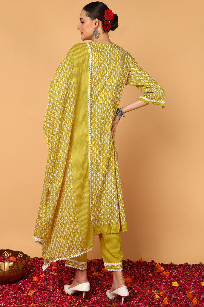 Yellow Viscose Rayon Ethnic Motifs Printed Flared Suit Set VKSKD2141