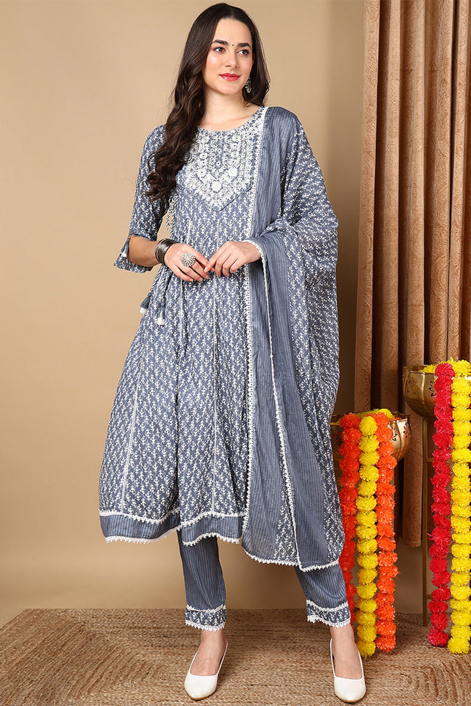 Blue Viscose Rayon Ethnic Motifs Printed Flared Suit Set VKSKD2142