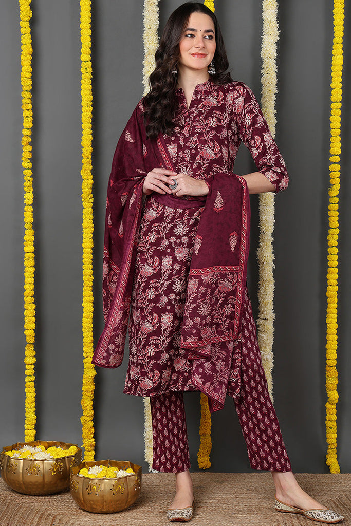 Maroon Rayon Blend Floral Printed Straight Suit Set VKSKD2149