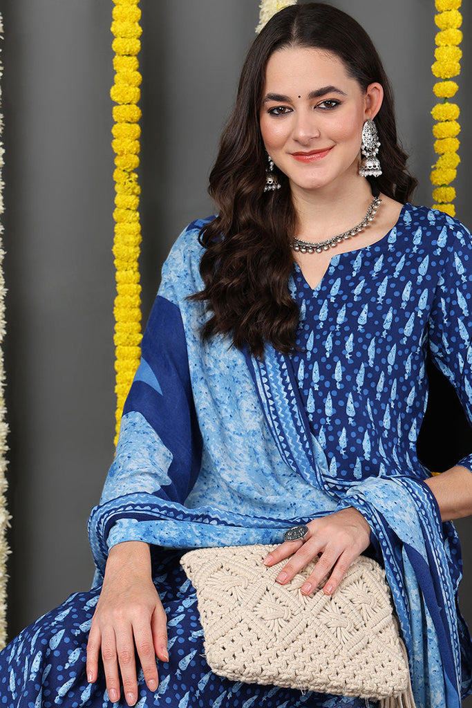 Blue Rayon Blend Ethnic Motifs Printed Straight Suit Set VKSKD2150