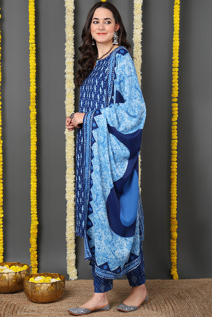 Blue Rayon Blend Ethnic Motifs Printed Straight Suit Set VKSKD2150