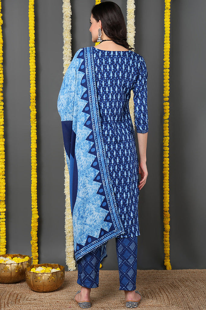 Blue Rayon Blend Ethnic Motifs Printed Straight Suit Set VKSKD2150