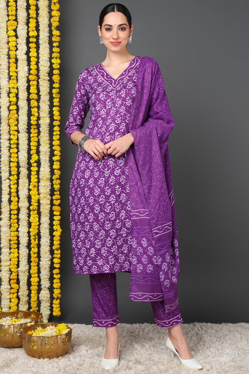 Violet Rayon Blend Ethnic Motifs Printed Straight Suit Set VKSKD2167