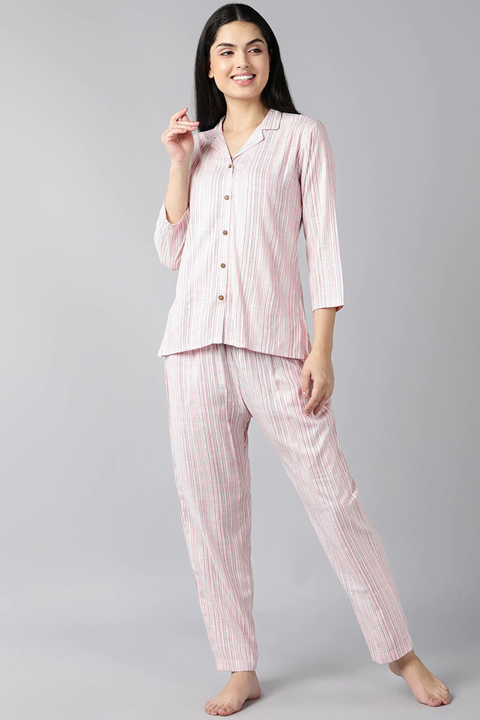  Women Pink Pure Cotton Striped Night Suit