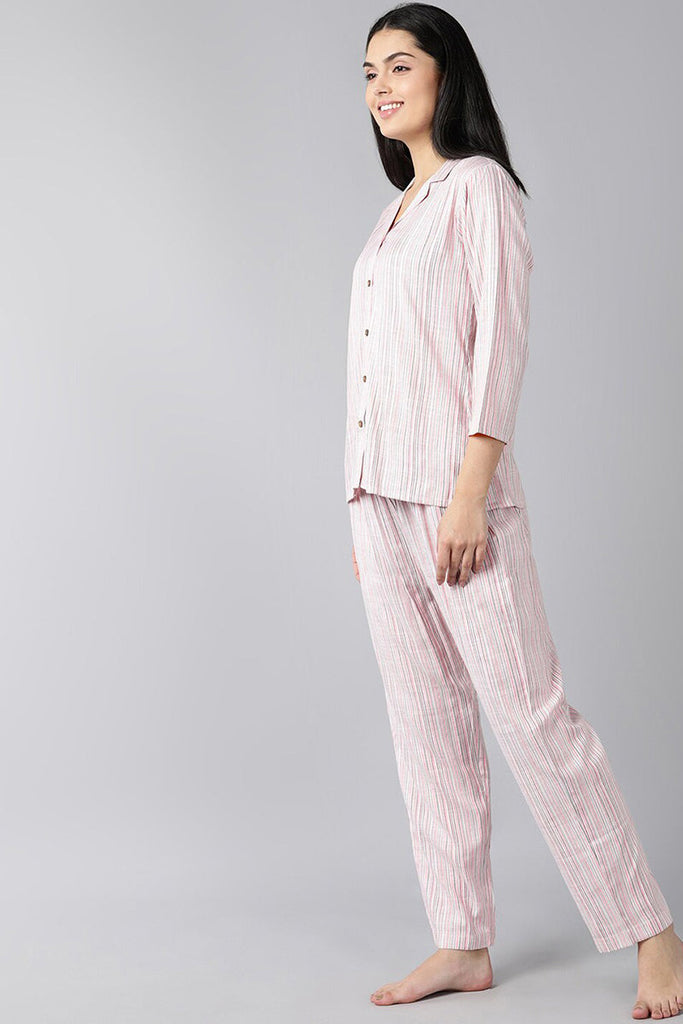  Women Pink Pure Cotton Striped Night Suit