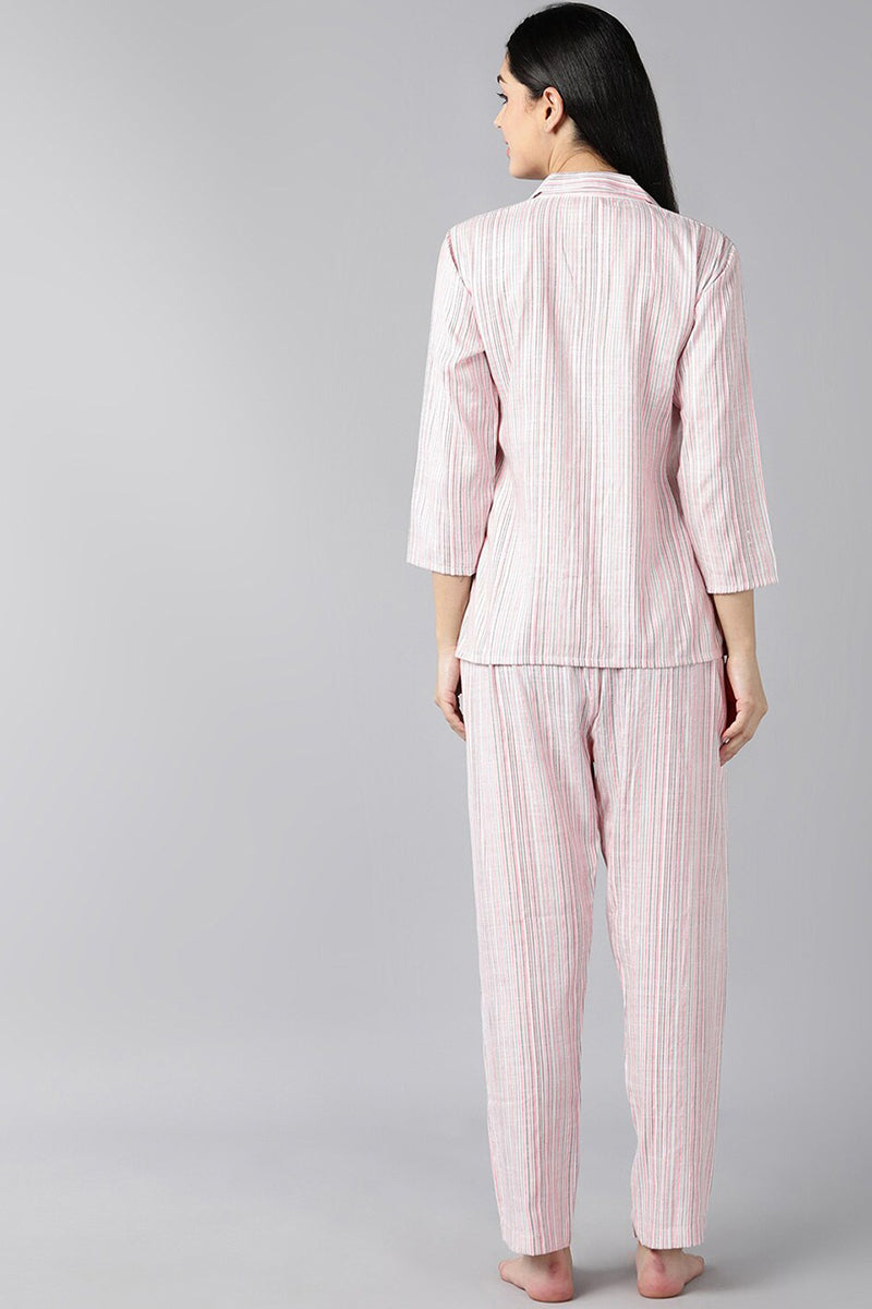  Women Pink Pure Cotton Striped Night Suit