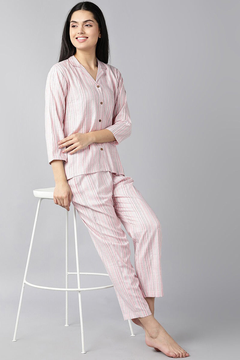  Women Pink Pure Cotton Striped Night Suit