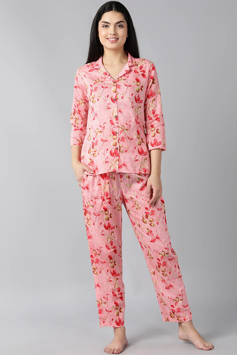  Women Pink Red Printed Pure Cotton Night Suit