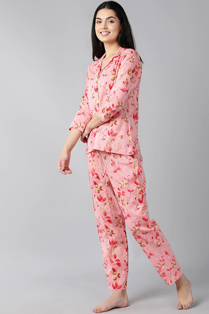  Women Pink Red Printed Pure Cotton Night Suit