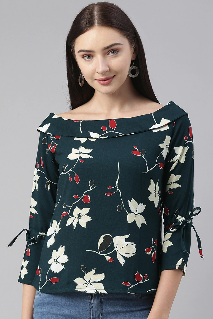 Teal Georgette Floral Printed Regular Top VT1023