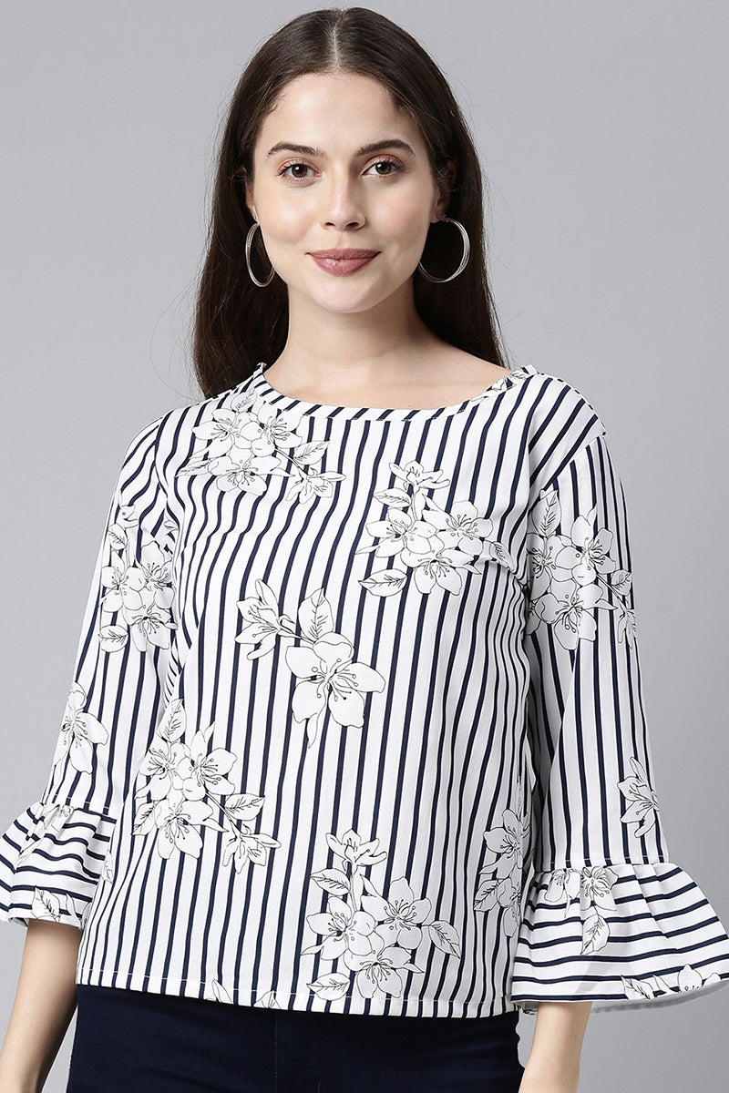 White Poly Crepe Striped Regular Top VT1026