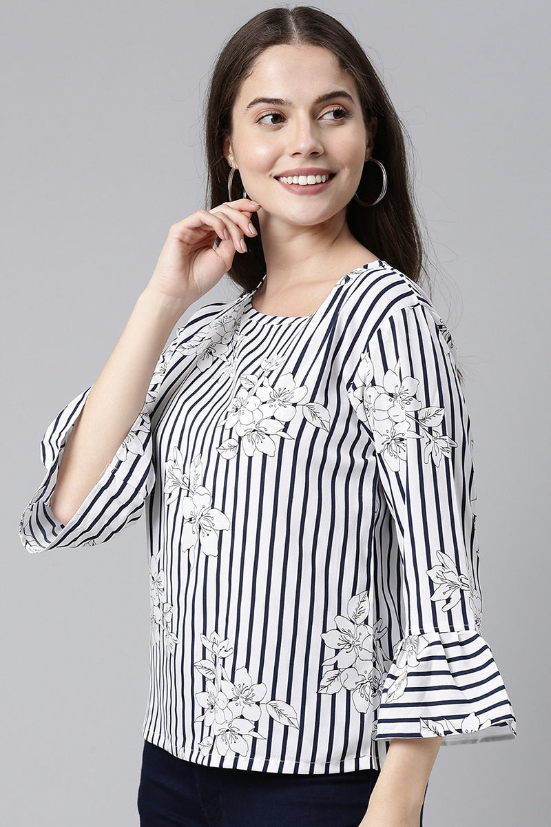 White Poly Crepe Striped Regular Top VT1026