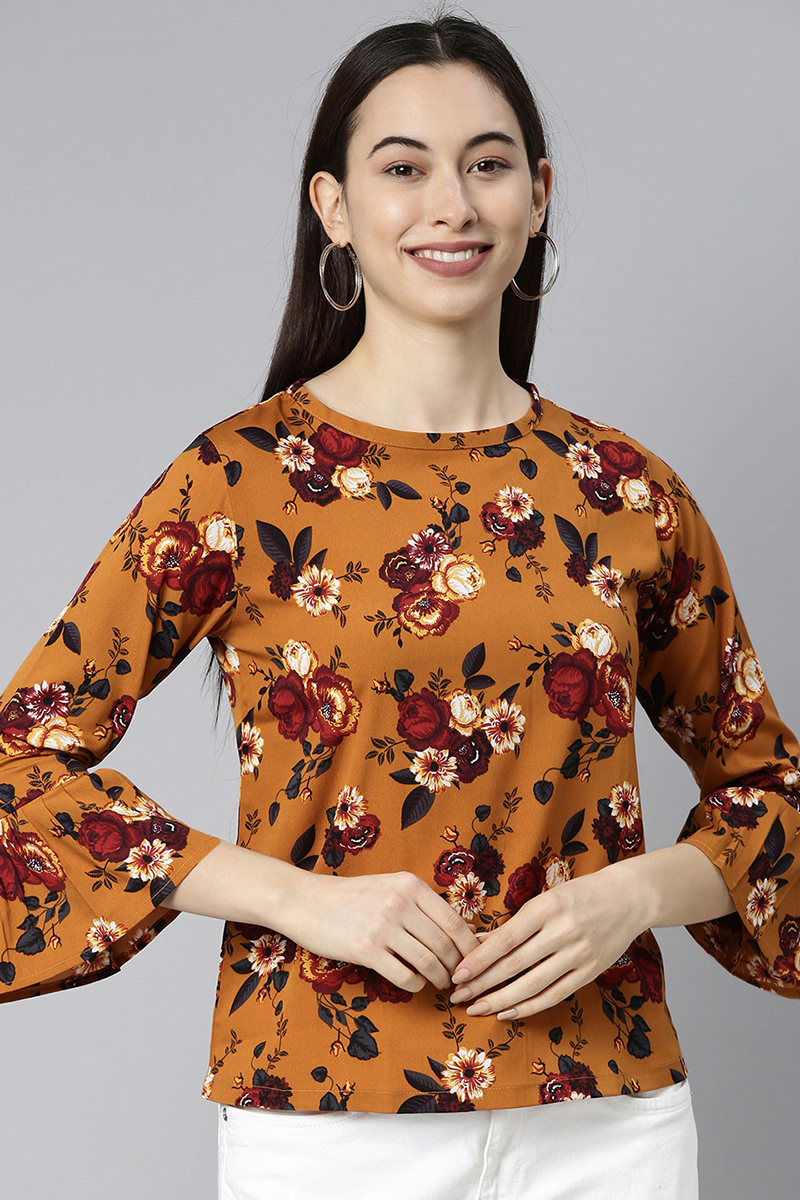 Mustard Georgette Floral Print Regular Top VT1029