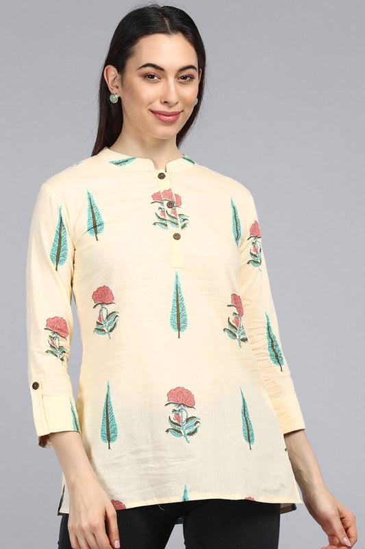  Cream Coloured Print Mandarin Collar Top