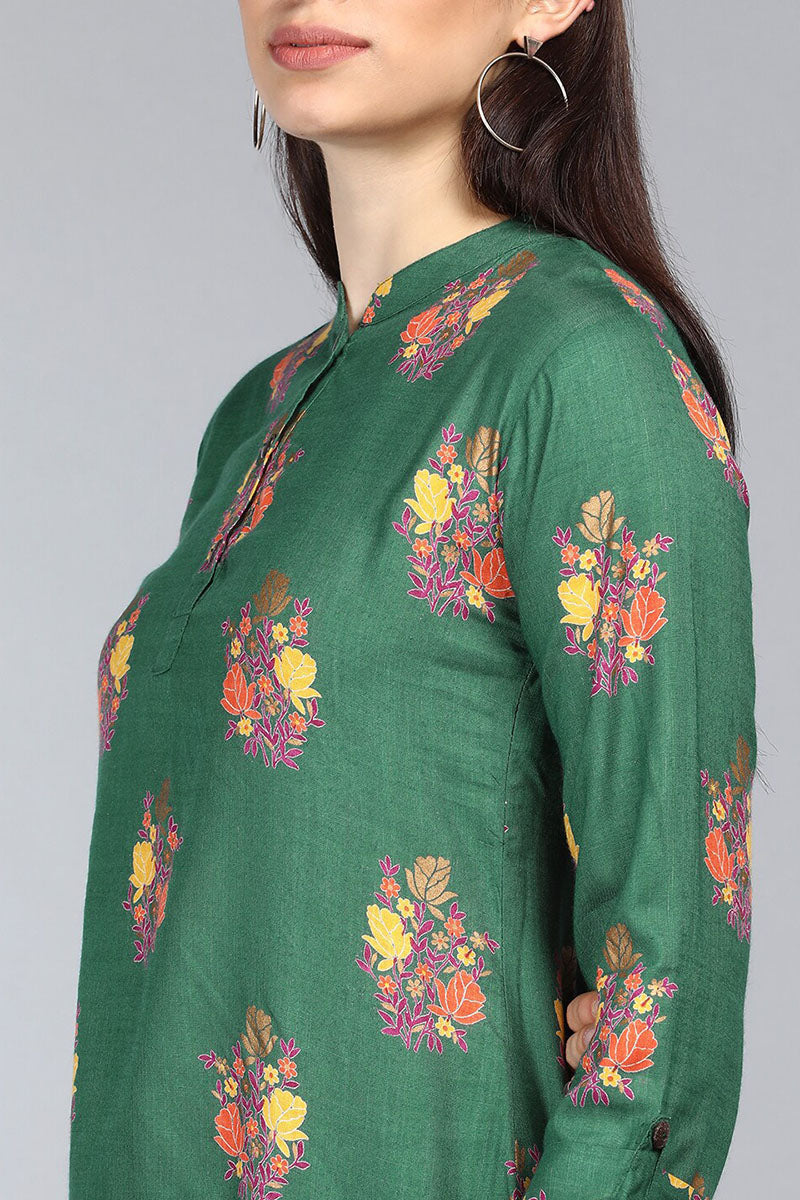 Green Cotton Ethnic Motifs Regular Tunic Top VT1101