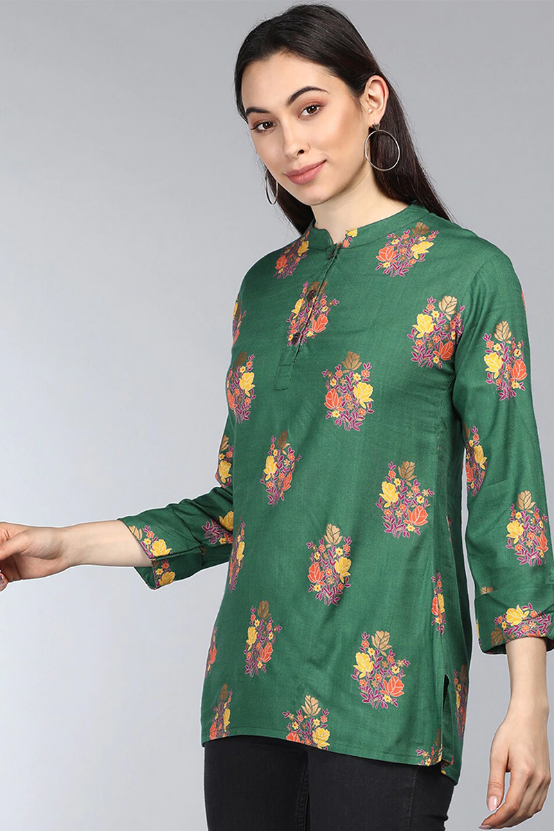 Green Cotton Ethnic Motifs Regular Tunic Top VT1101