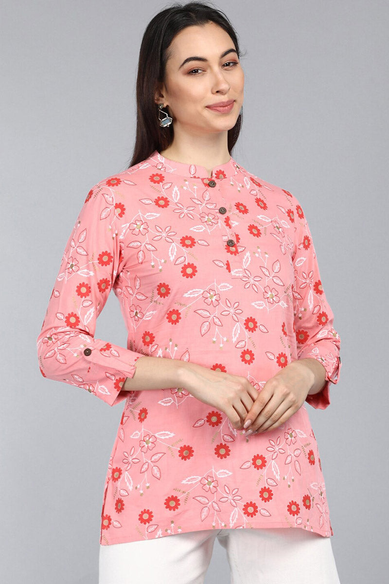  Pink Floral Print Mandarin Collar Longline Top