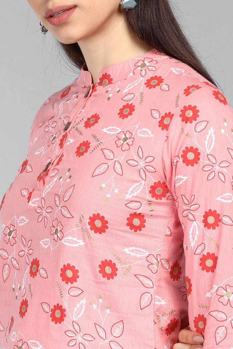  Pink Floral Print Mandarin Collar Longline Top