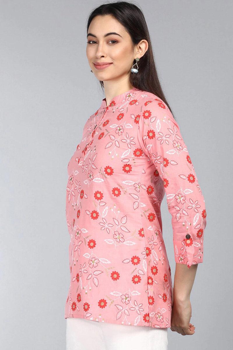  Pink Floral Print Mandarin Collar Longline Top