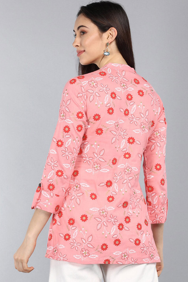  Pink Floral Print Mandarin Collar Longline Top